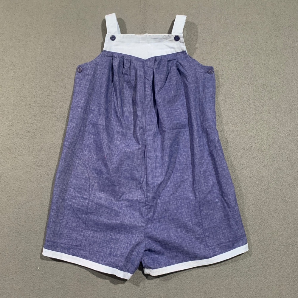 Handmade Blue Chambray Romper Shortall Sleeveless Button Strap Women Medium